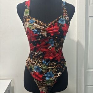 Leopard Print Bodysuit with Floral Accents